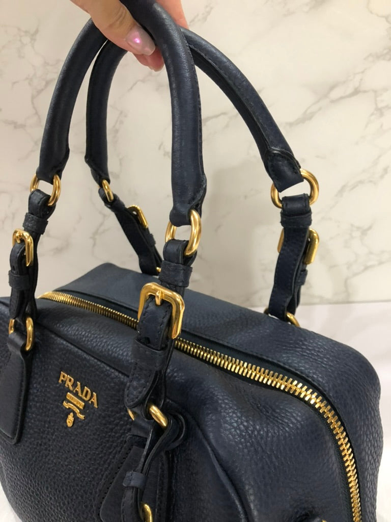 Prada leather shoulder bowling bag with long strap
