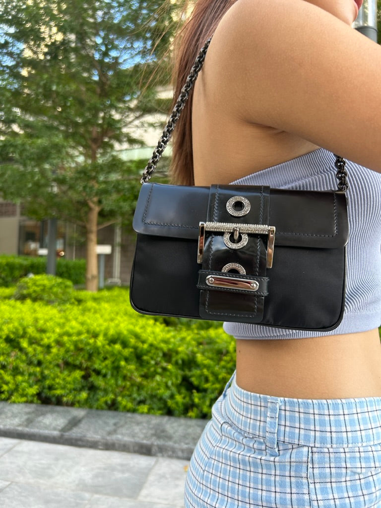 Prada crystal buckle mini chain bag