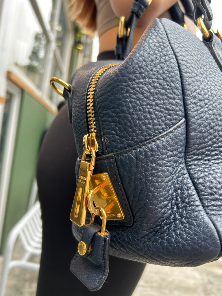 Prada leather shoulder bowling bag with long strap
