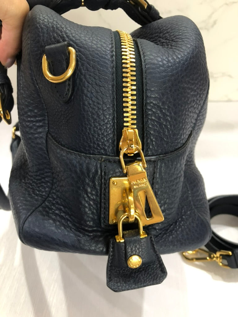 Prada leather shoulder bowling bag with long strap