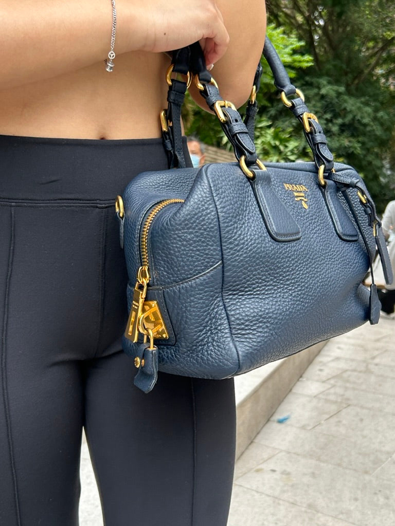 Prada leather shoulder bowling bag with long strap