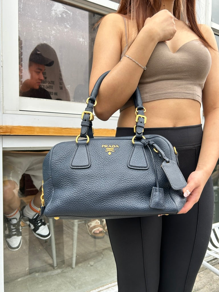Prada leather shoulder bowling bag with long strap