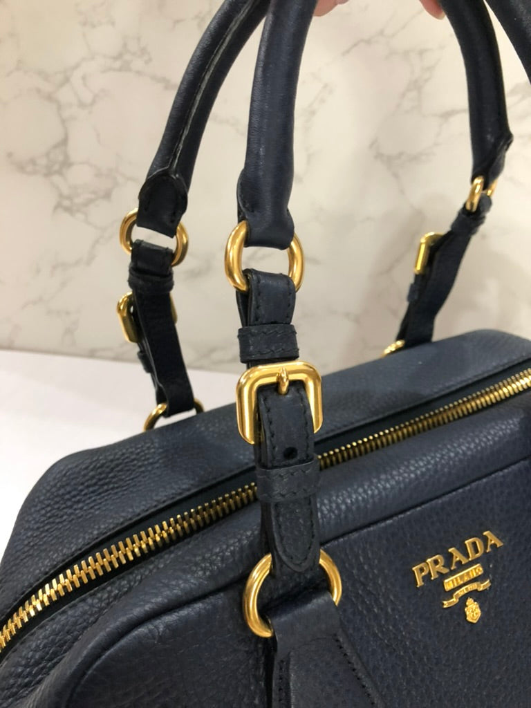 Prada leather shoulder bowling bag with long strap