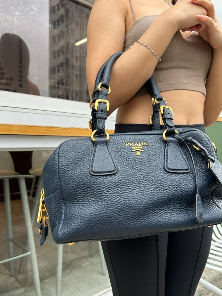 Prada leather shoulder bowling bag with long strap