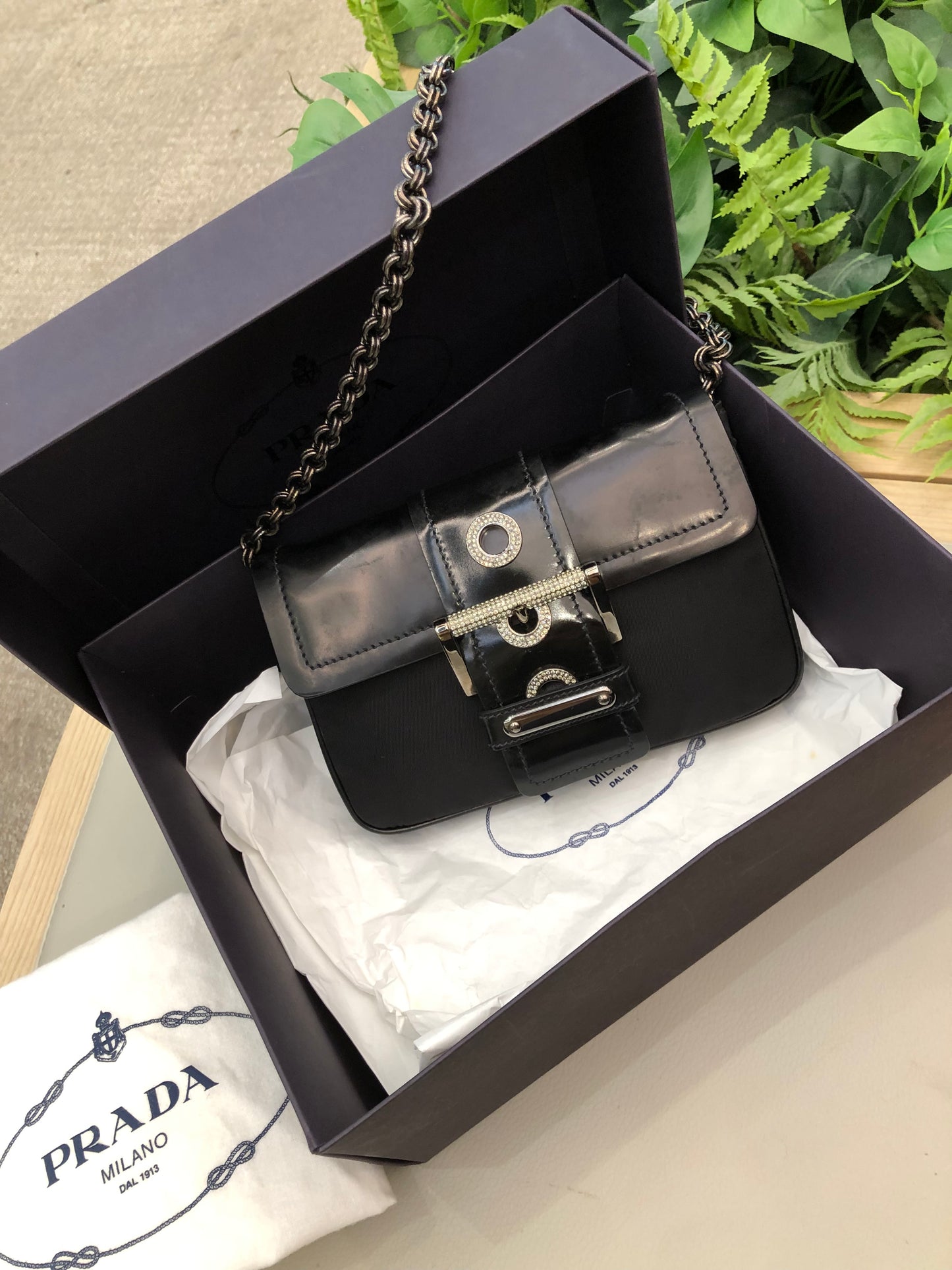 Prada crystal buckle mini chain bag