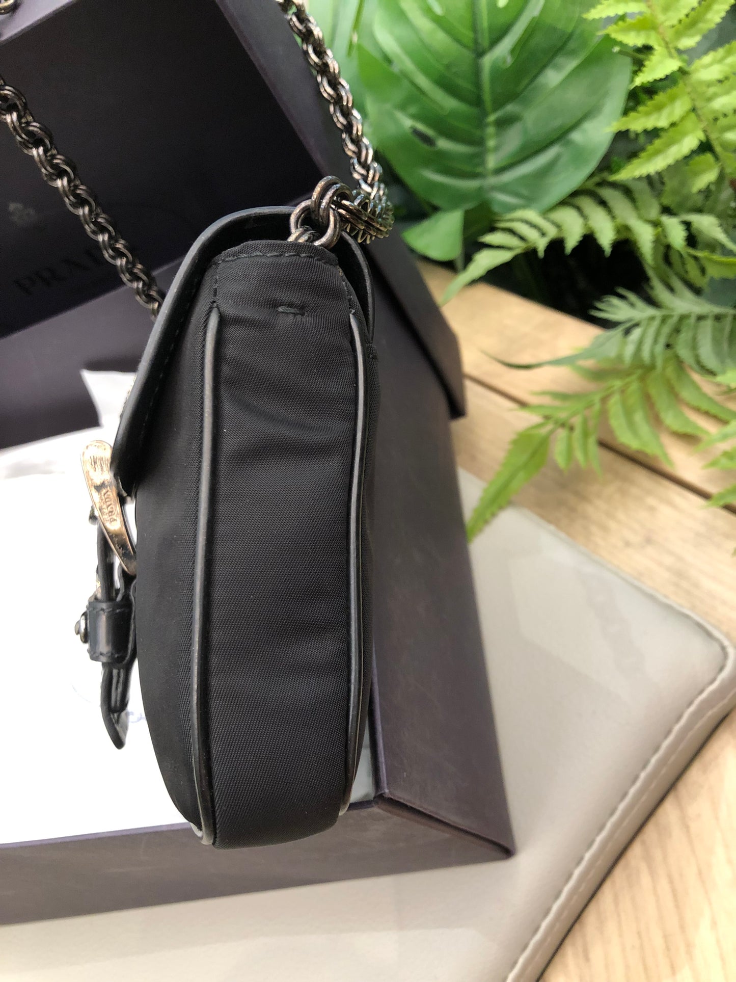 Prada crystal buckle mini chain bag