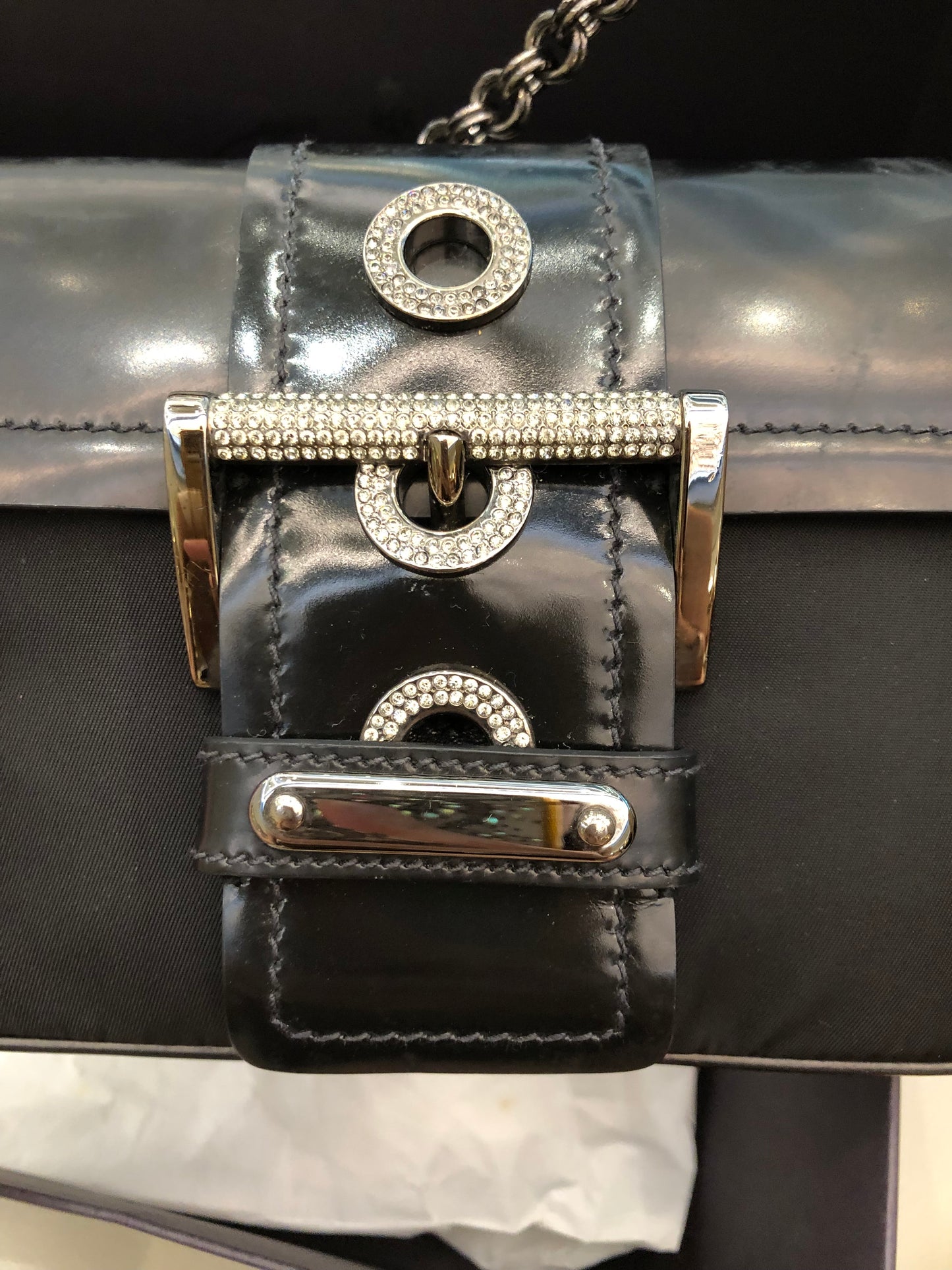 Prada crystal buckle mini chain bag