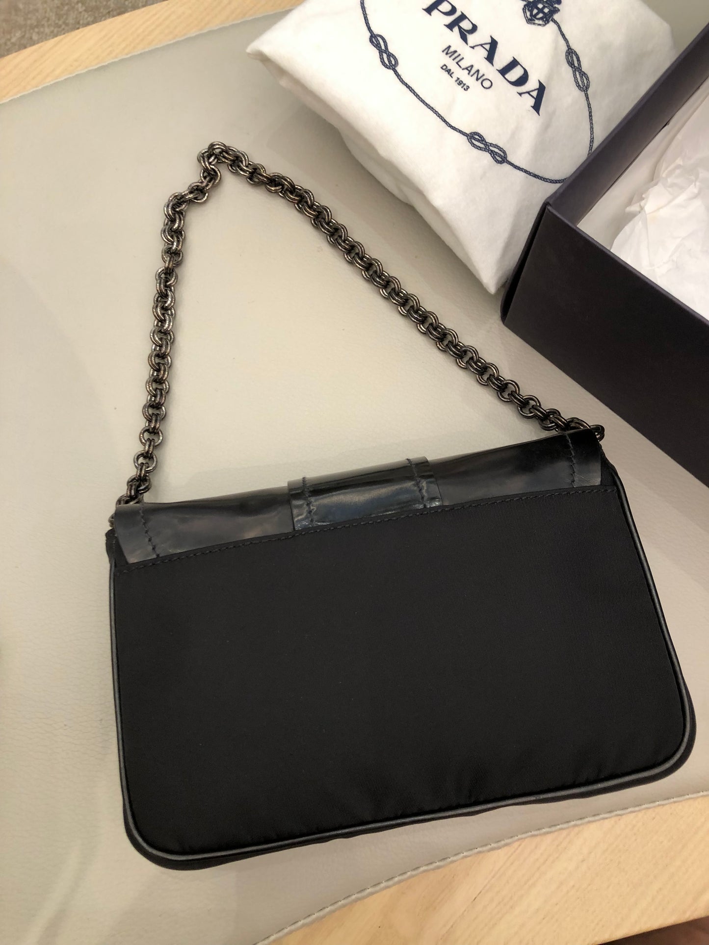Prada crystal buckle mini chain bag