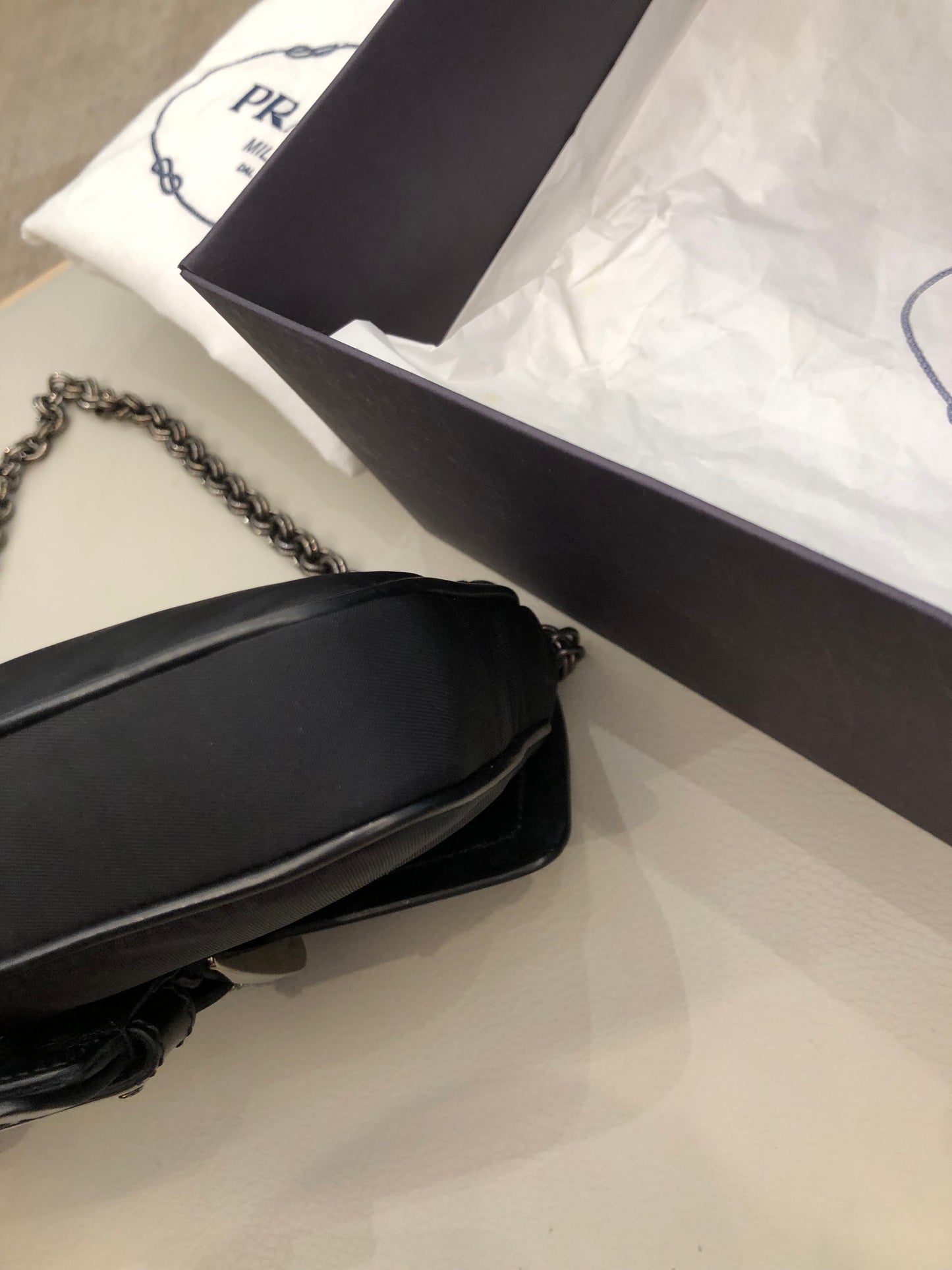 Prada crystal buckle mini chain bag