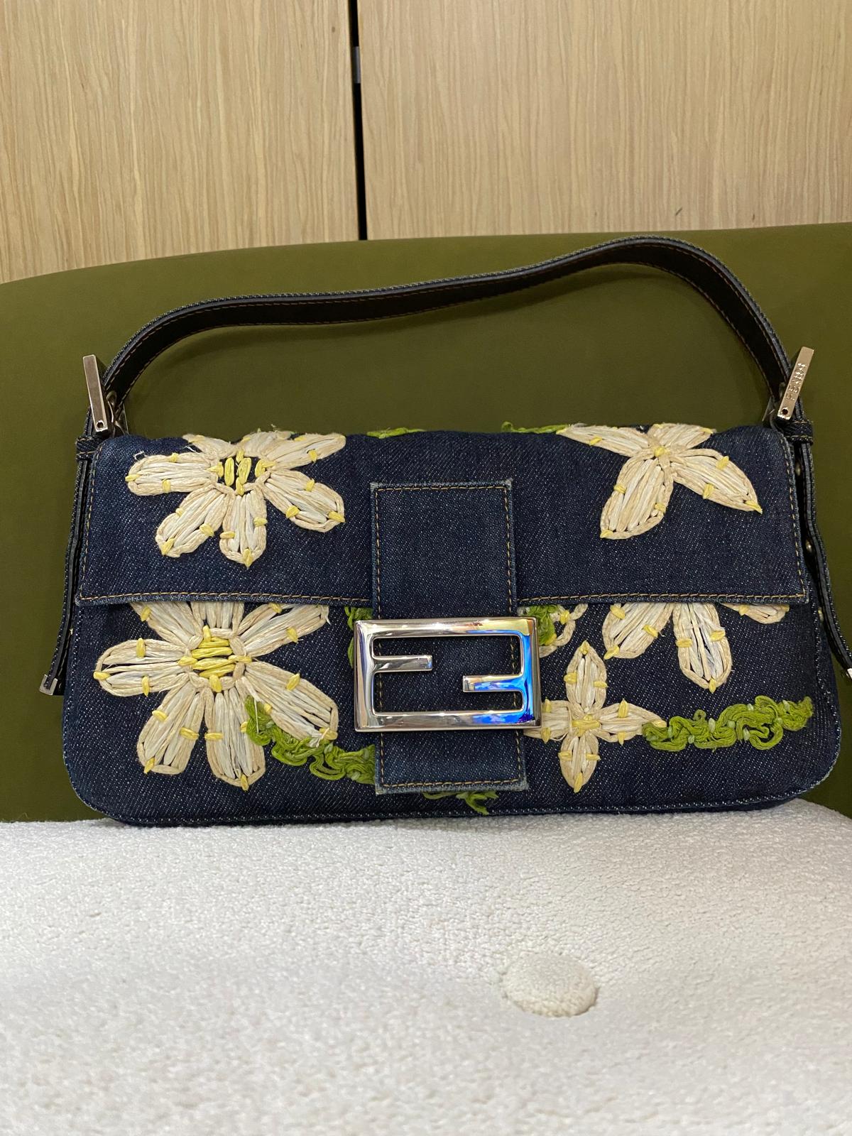Fendi Vintage Denim Baguette Bag with Floral Embroidery