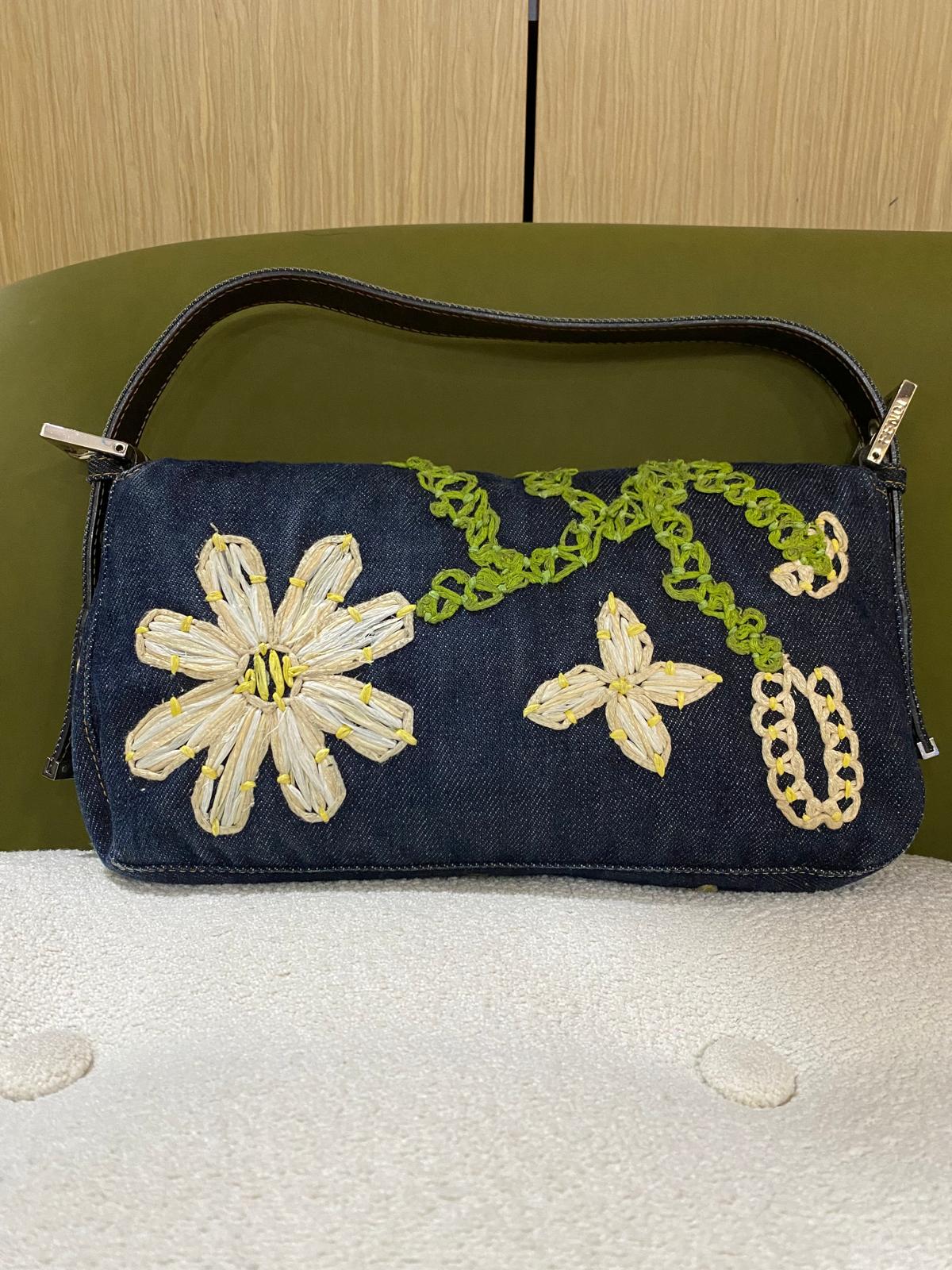Fendi Vintage Denim Baguette Bag with Floral Embroidery