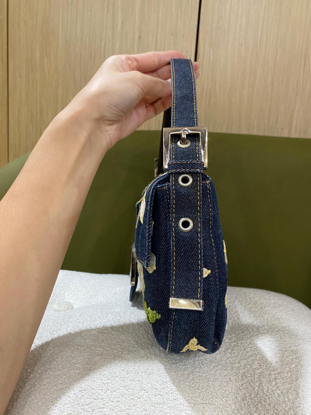 Fendi Vintage Denim Baguette Bag with Floral Embroidery