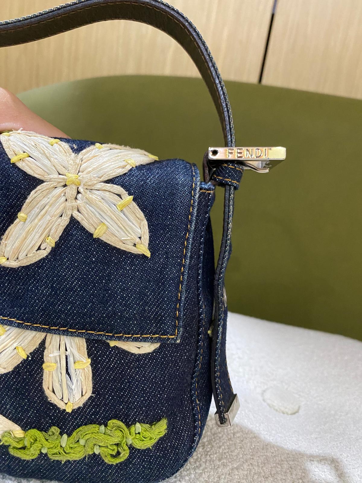 Fendi Vintage Denim Baguette Bag with Floral Embroidery