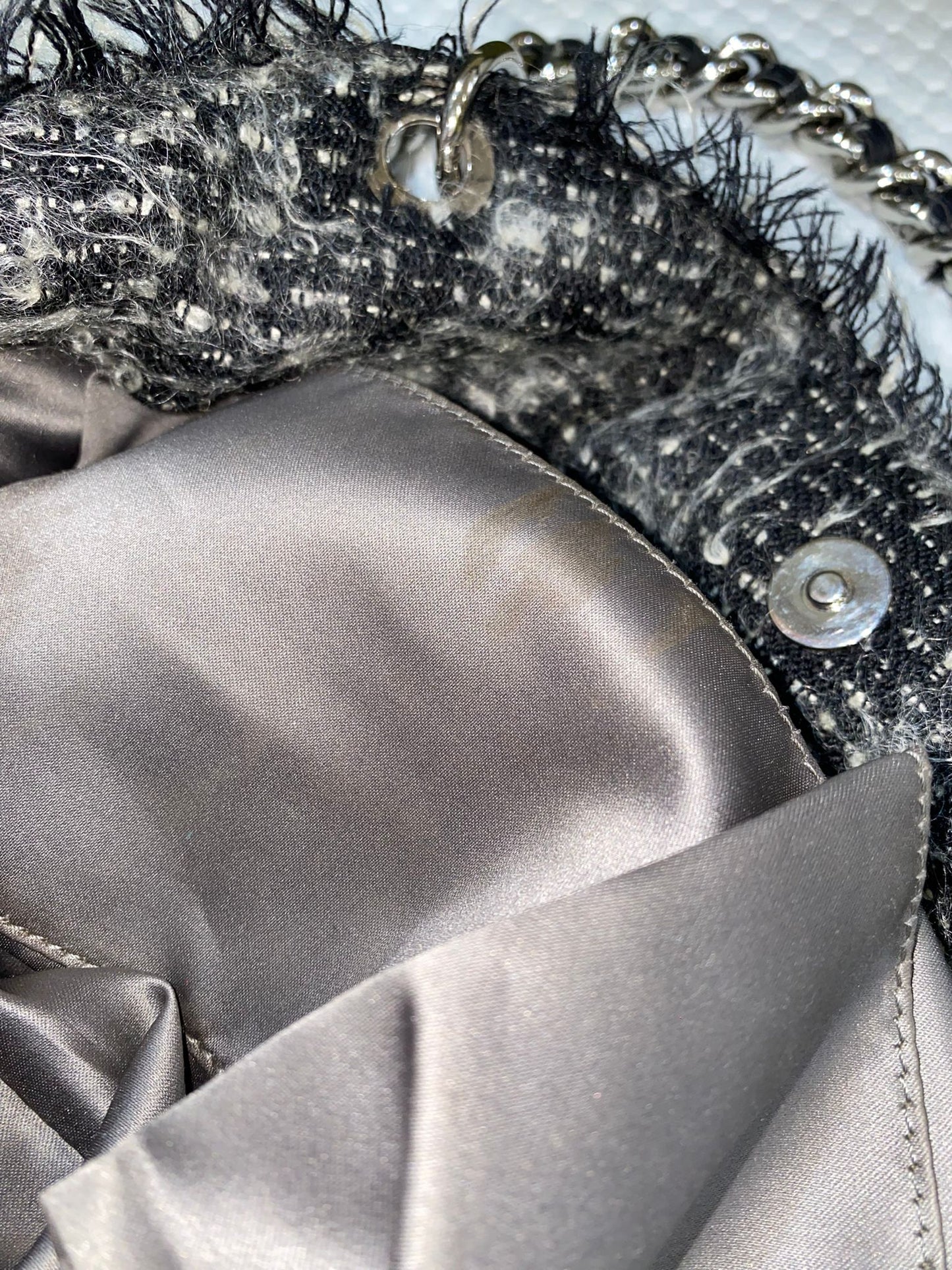 Chanel bonbon CC logo lambskin tote with tweed chain