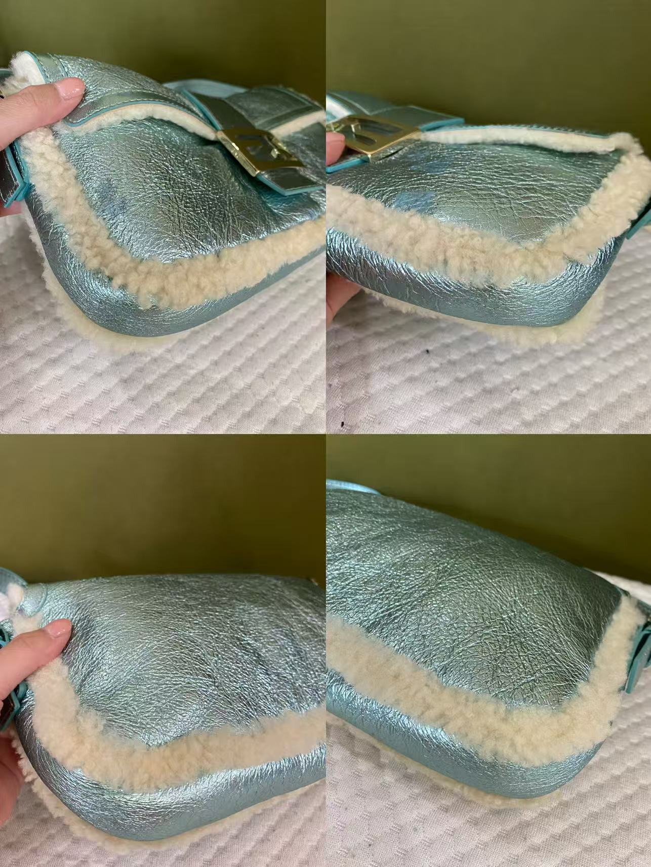Fendi Metallic Ice Blue Shearling Baguette