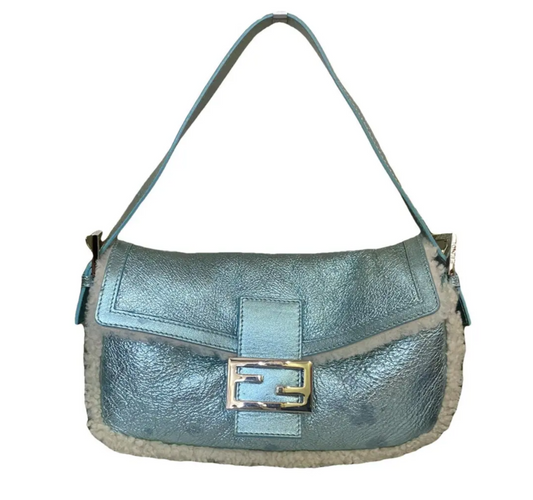 Fendi Metallic Ice Blue Shearling Baguette