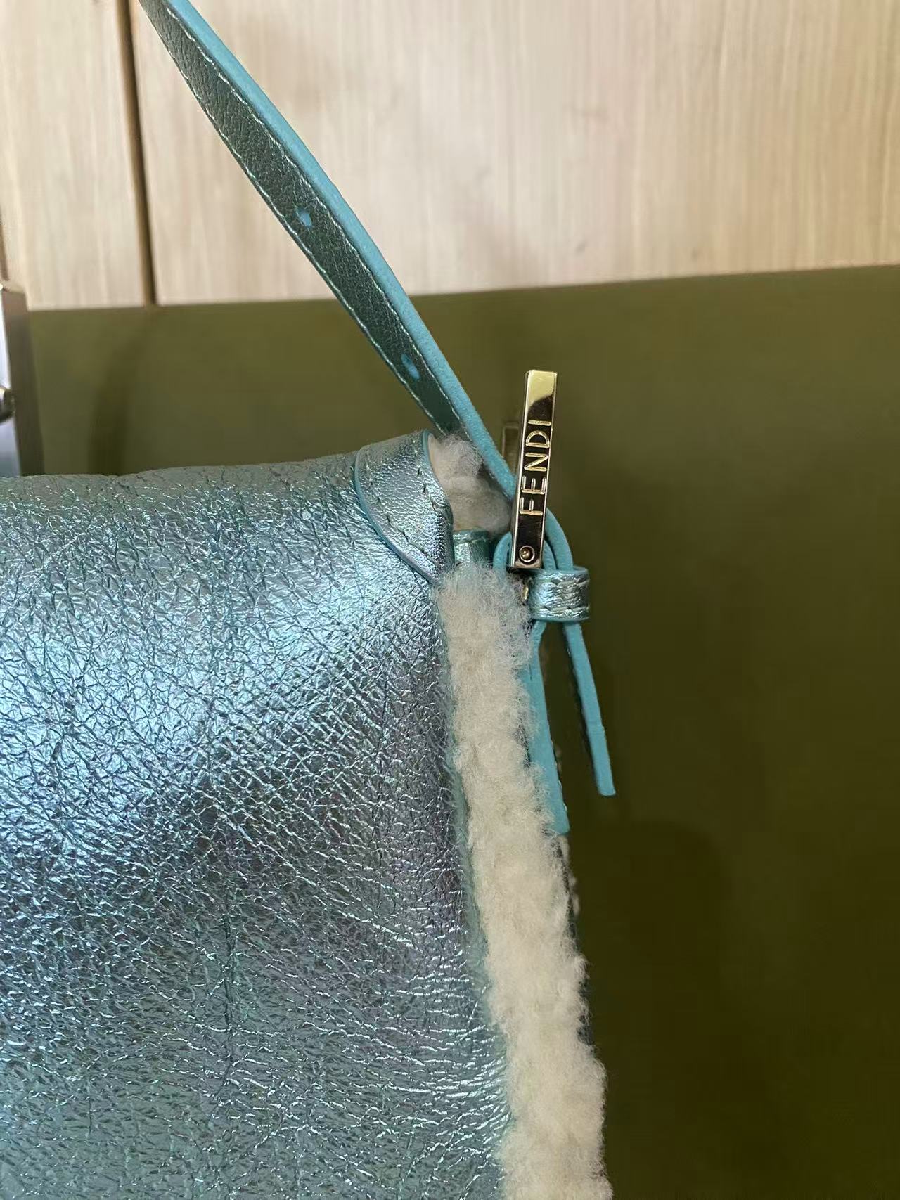 Fendi Metallic Ice Blue Shearling Baguette