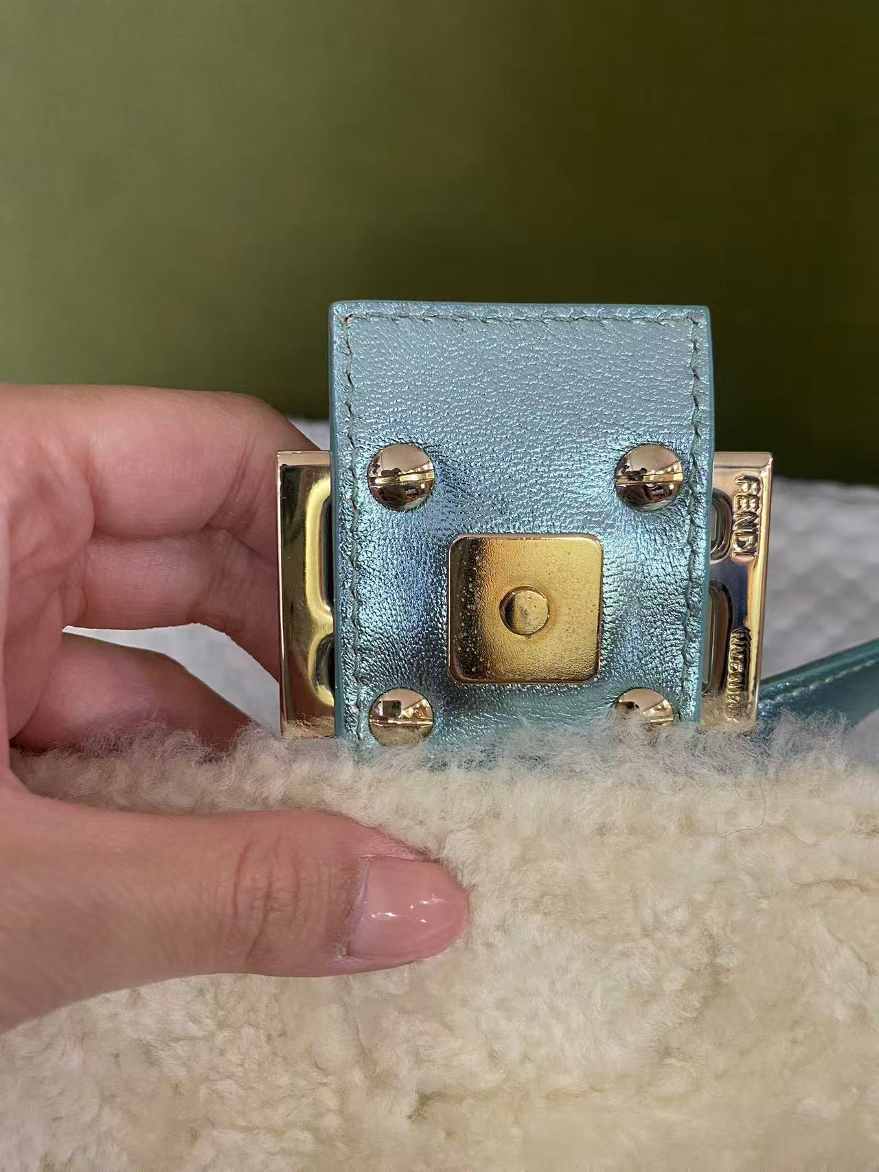 Fendi Metallic Ice Blue Shearling Baguette