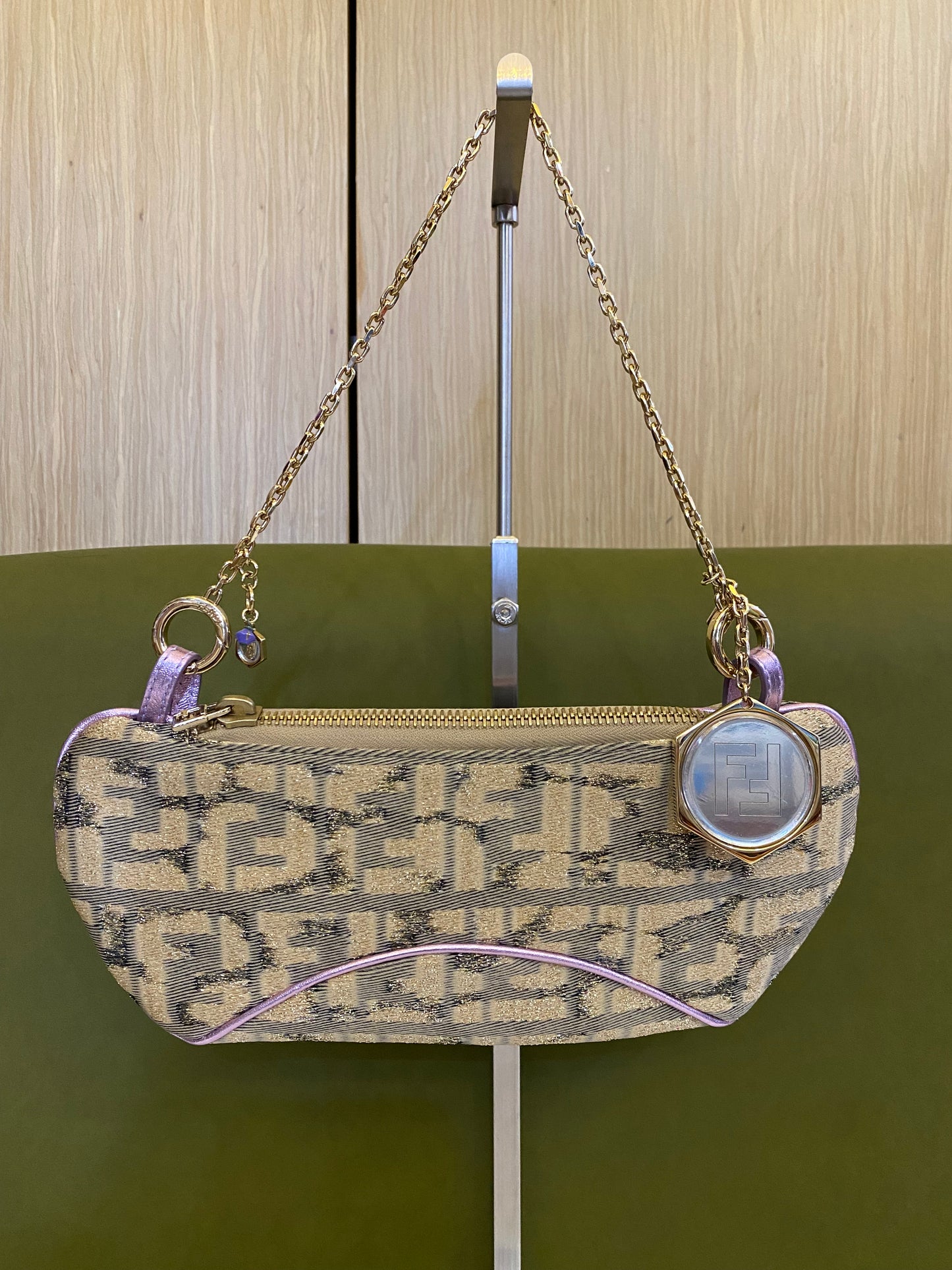 Fendi 2002 Limited Edition Gold Lilac Zucca Monogram Mini Chain Shoulder Bag