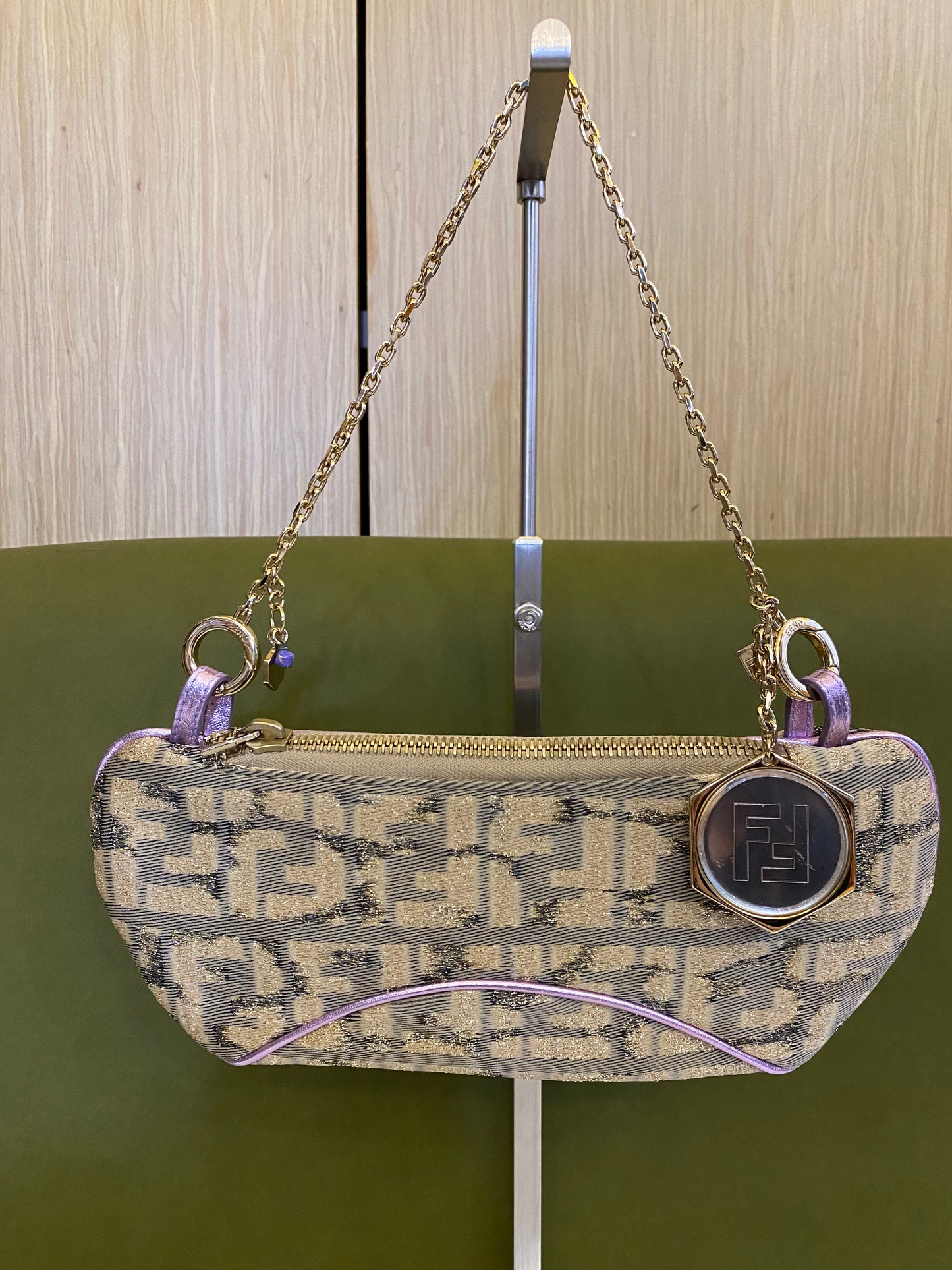 Fendi 2002 Limited Edition Gold Lilac Zucca Monogram Mini Chain Shoulder Bag
