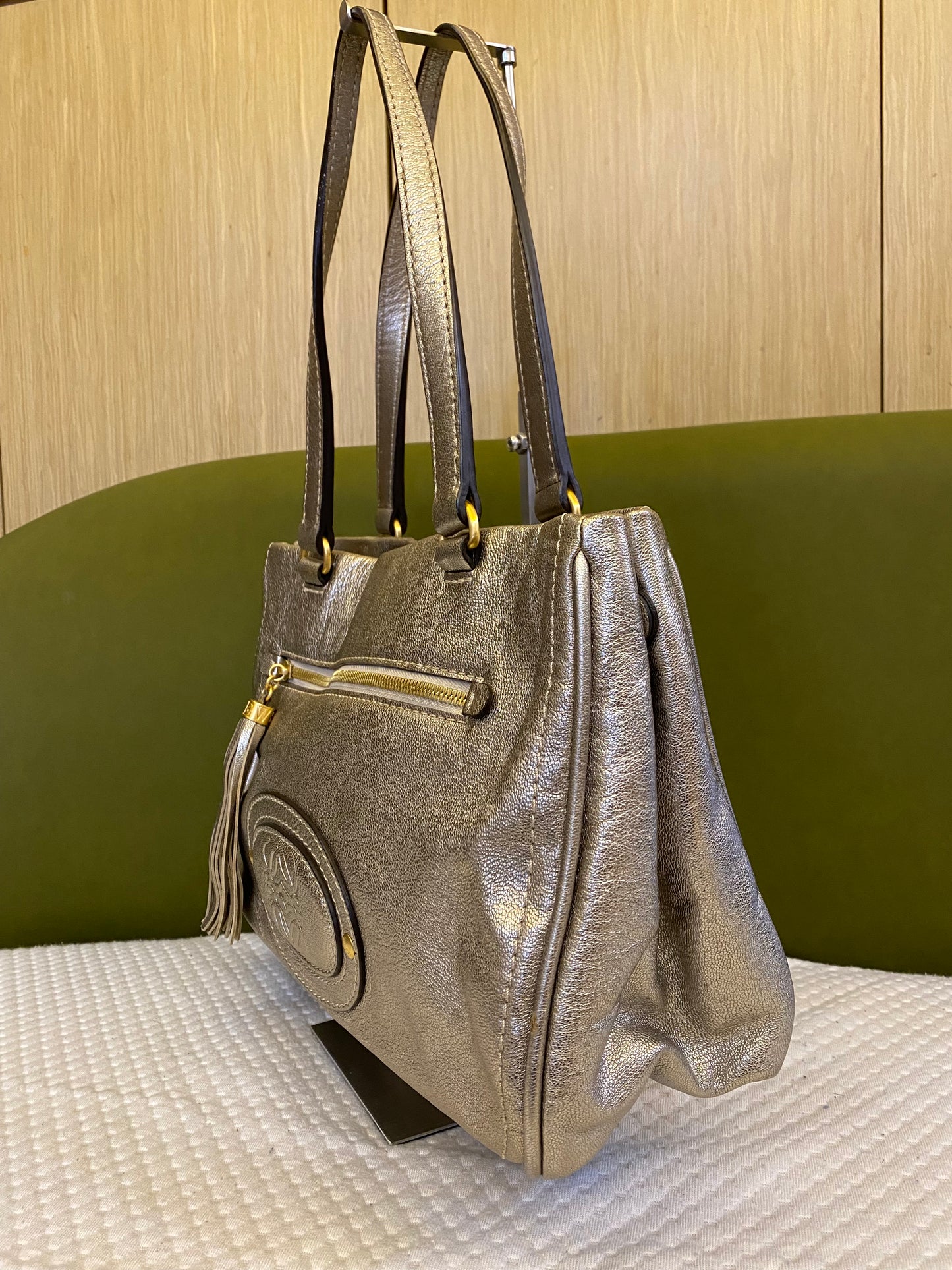 Loewe Paseo Anagram Gold Leather Shoulder Bag
