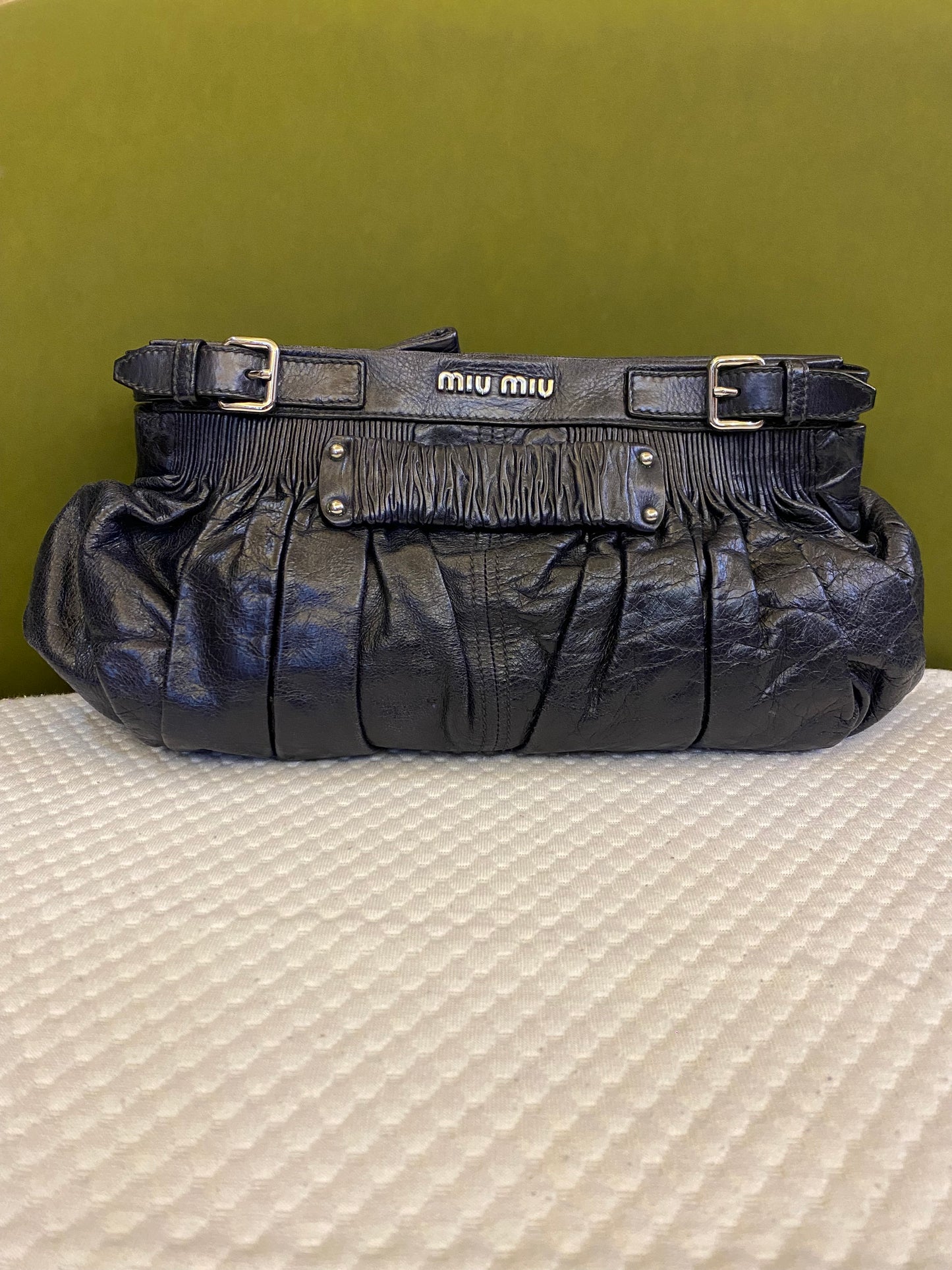 Miu Miu Black Vitello Ruched Clutch Bag