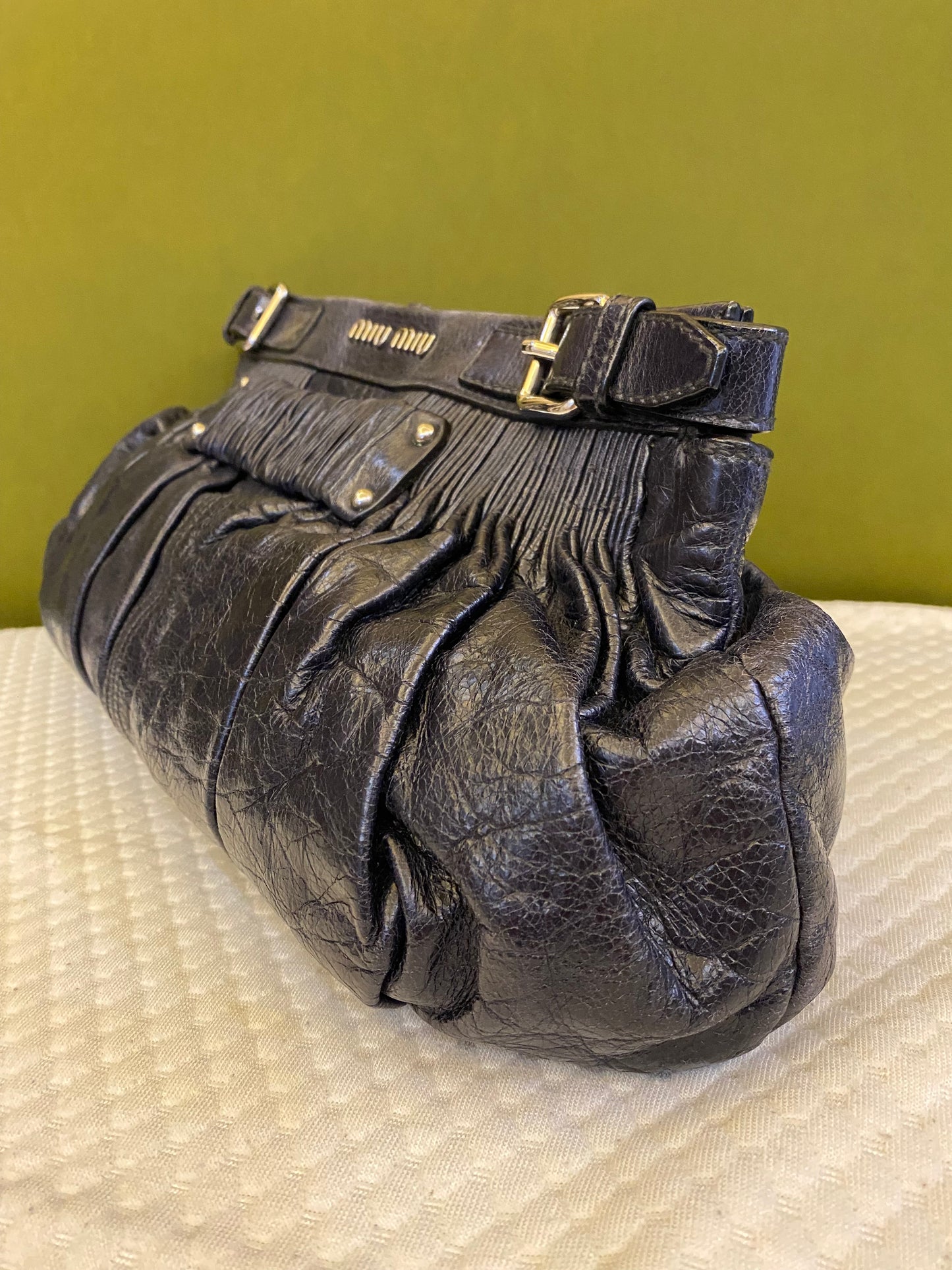 Miu Miu Black Vitello Ruched Clutch Bag