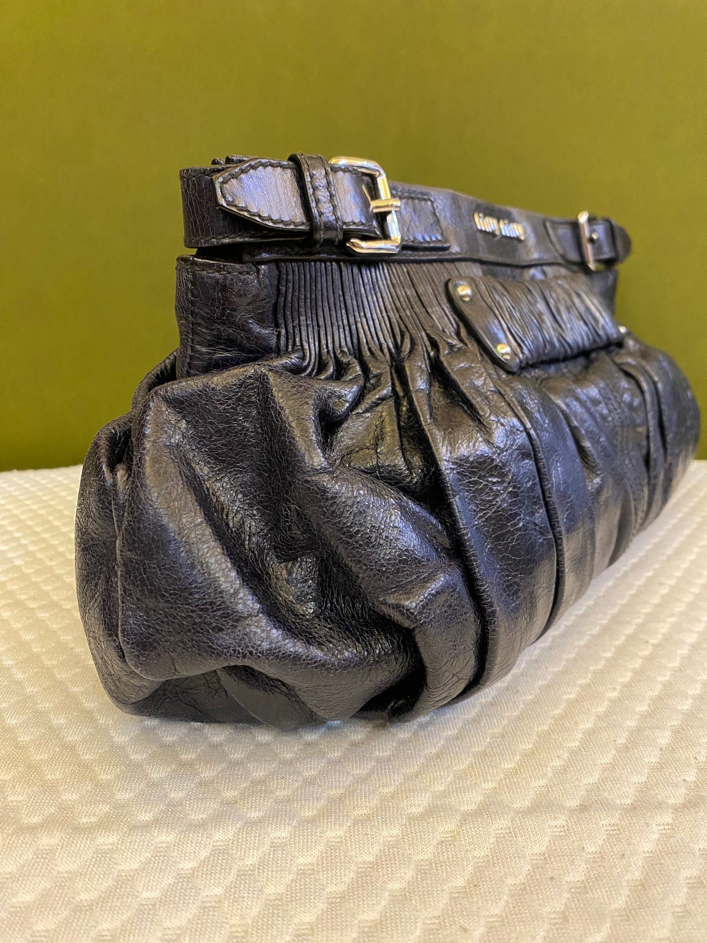 Miu Miu Black Vitello Ruched Clutch Bag