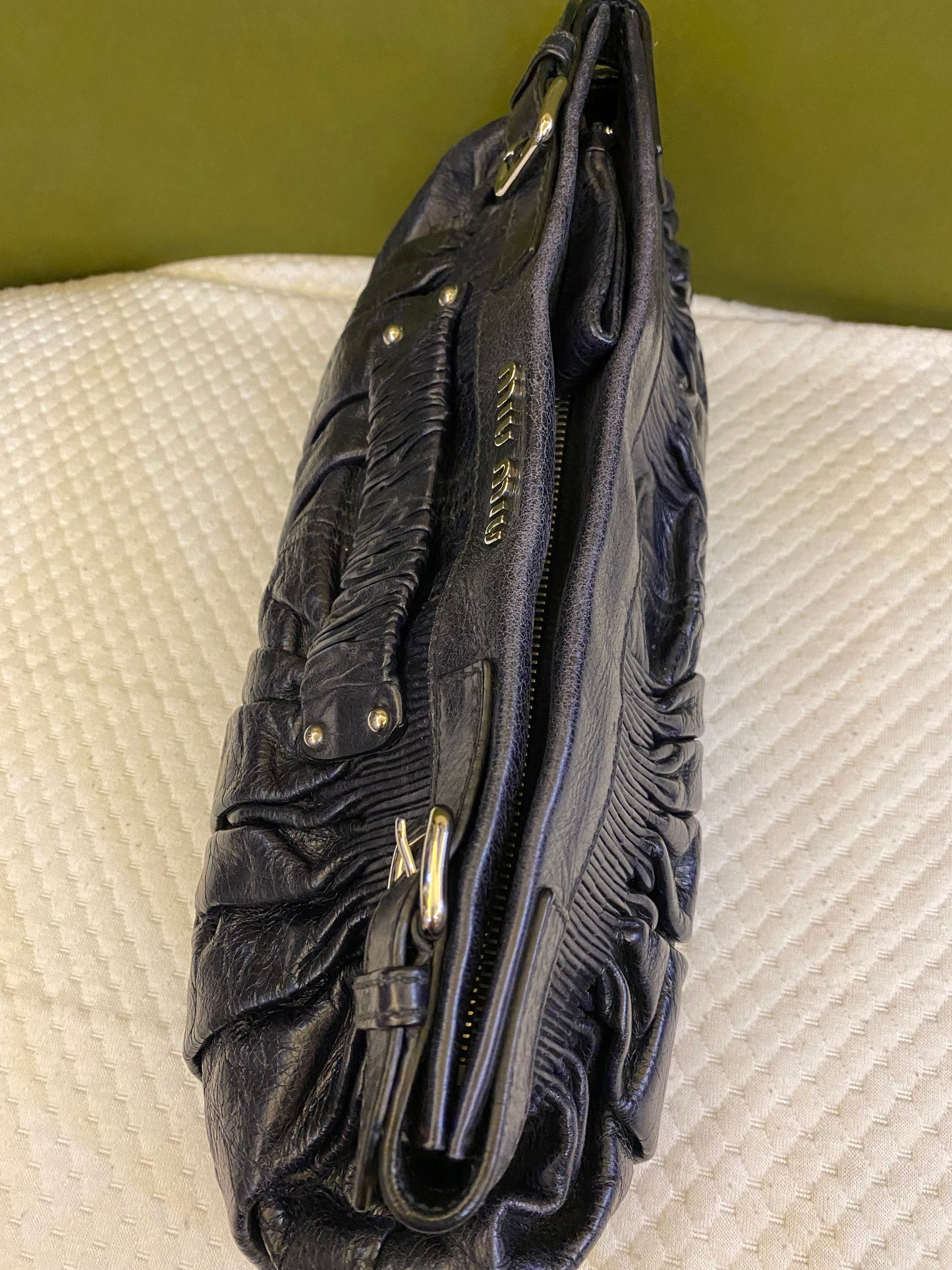 Miu Miu Black Vitello Ruched Clutch Bag