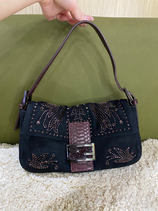 Fendi Vintage Beaded and Embroidery Suede Baguette Bag with Python