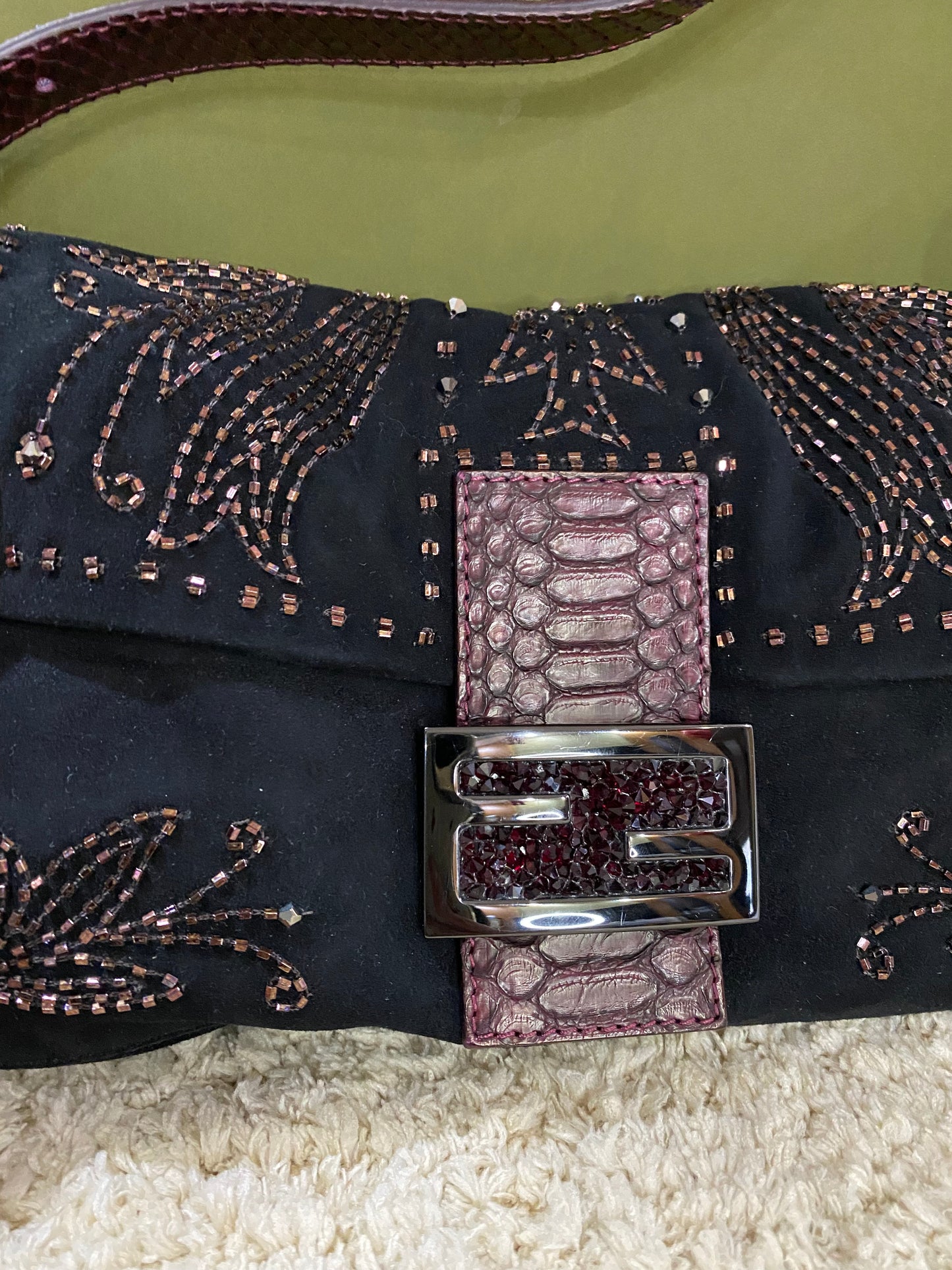 Fendi Vintage Beaded and Embroidery Suede Baguette Bag with Python