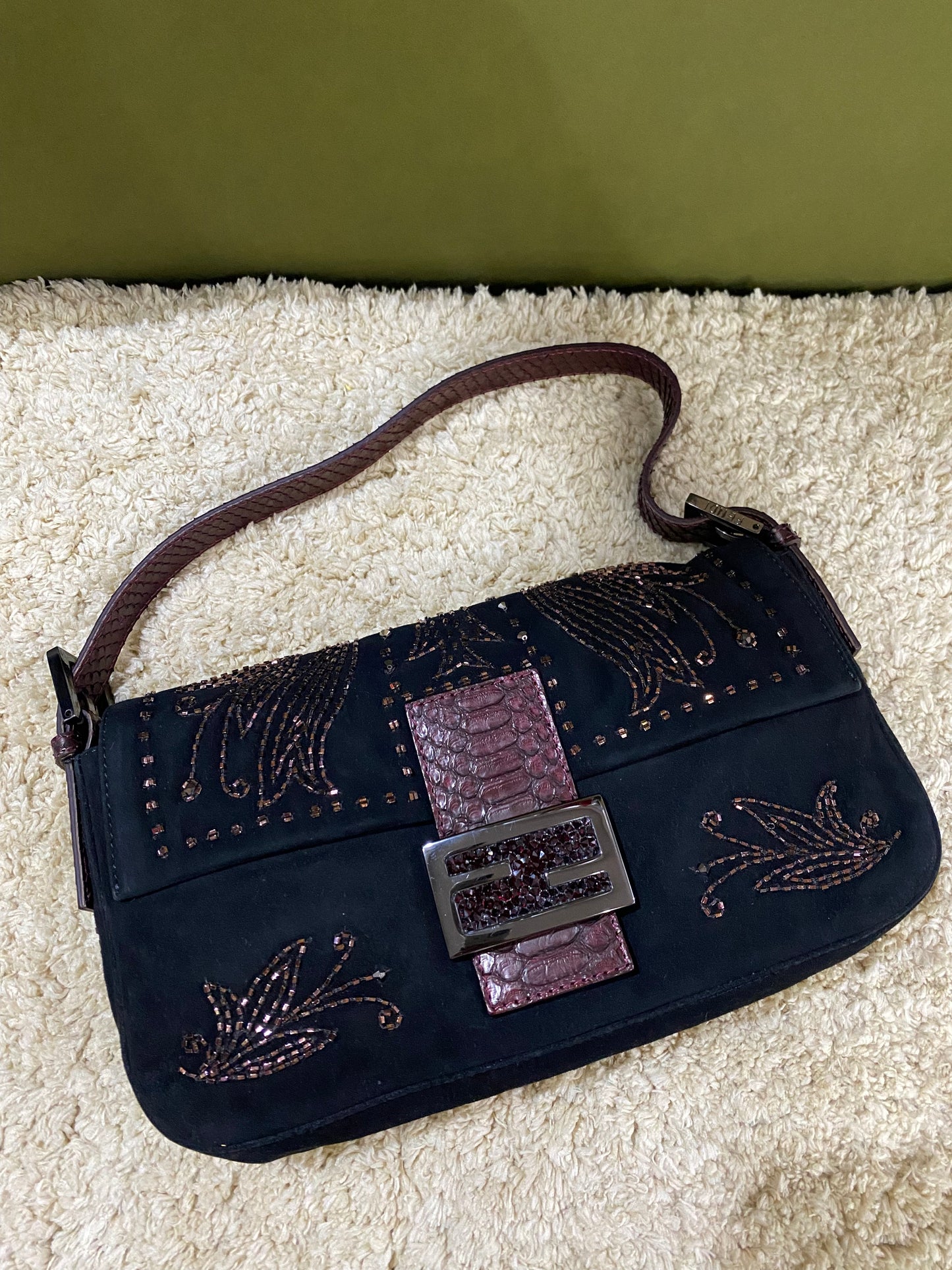 Fendi Vintage Beaded and Embroidery Suede Baguette Bag with Python