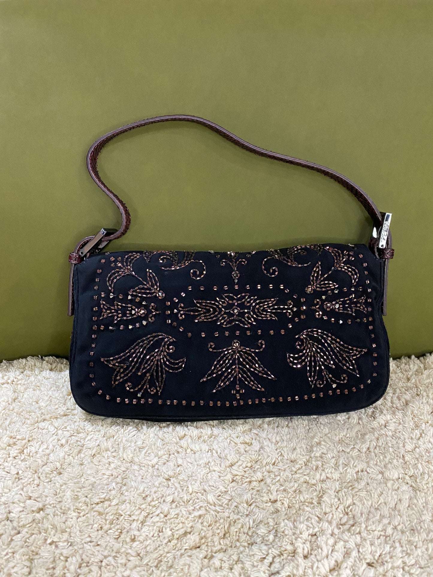 Fendi Vintage Beaded and Embroidery Suede Baguette Bag with Python
