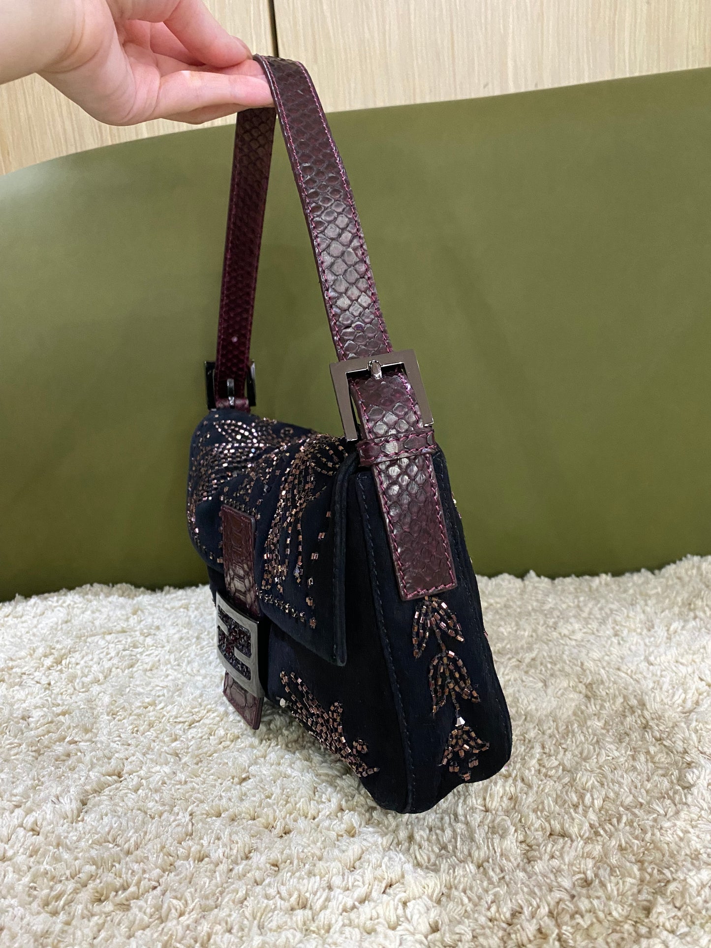 Fendi Vintage Beaded and Embroidery Suede Baguette Bag with Python