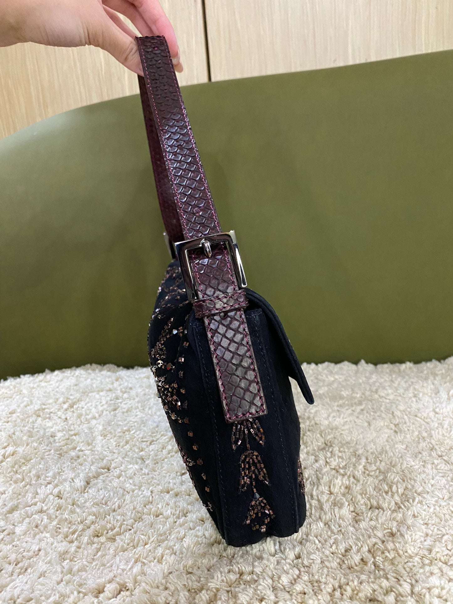 Fendi Vintage Beaded and Embroidery Suede Baguette Bag with Python