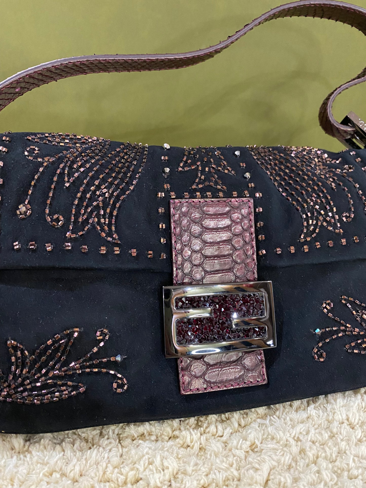 Fendi Vintage Beaded and Embroidery Suede Baguette Bag with Python