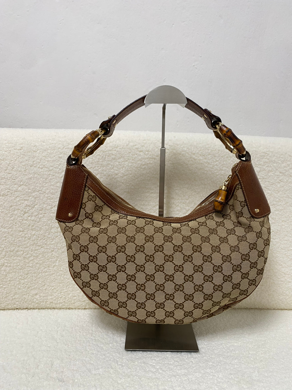 Gucci GG Canvas and Leather Medium Bamboo Ring Hobo