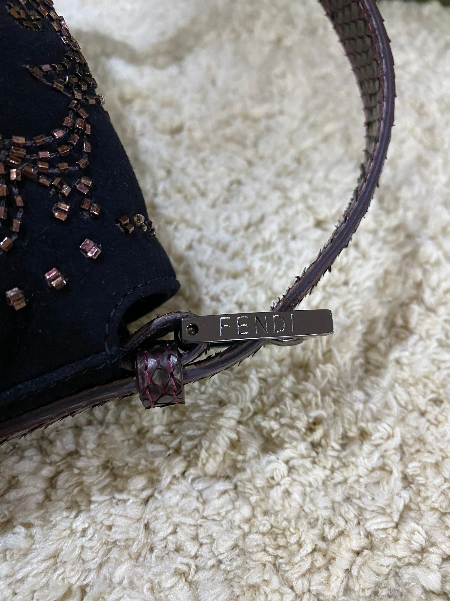 Fendi Vintage Beaded and Embroidery Suede Baguette Bag with Python