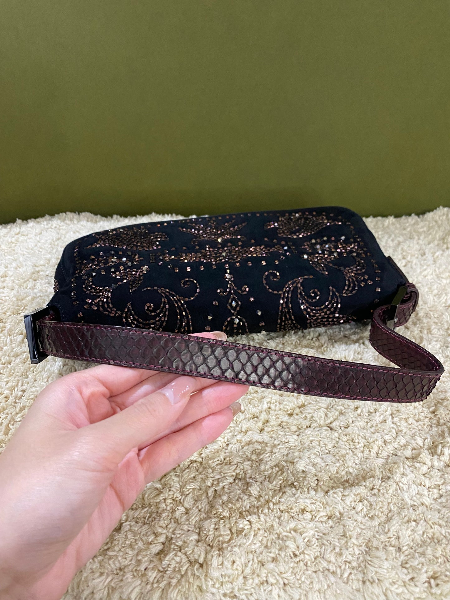 Fendi Vintage Beaded and Embroidery Suede Baguette Bag with Python