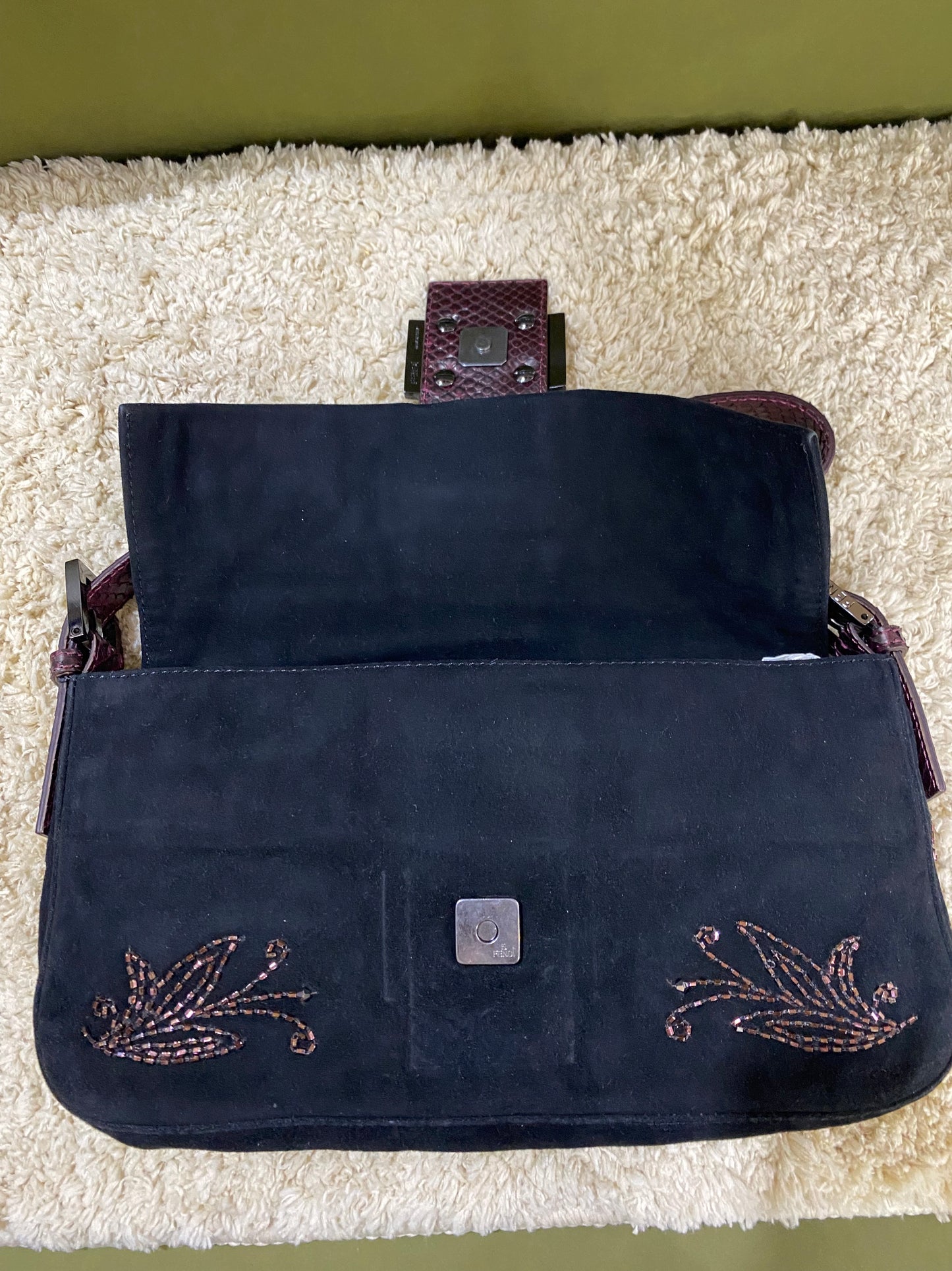 Fendi Vintage Beaded and Embroidery Suede Baguette Bag with Python