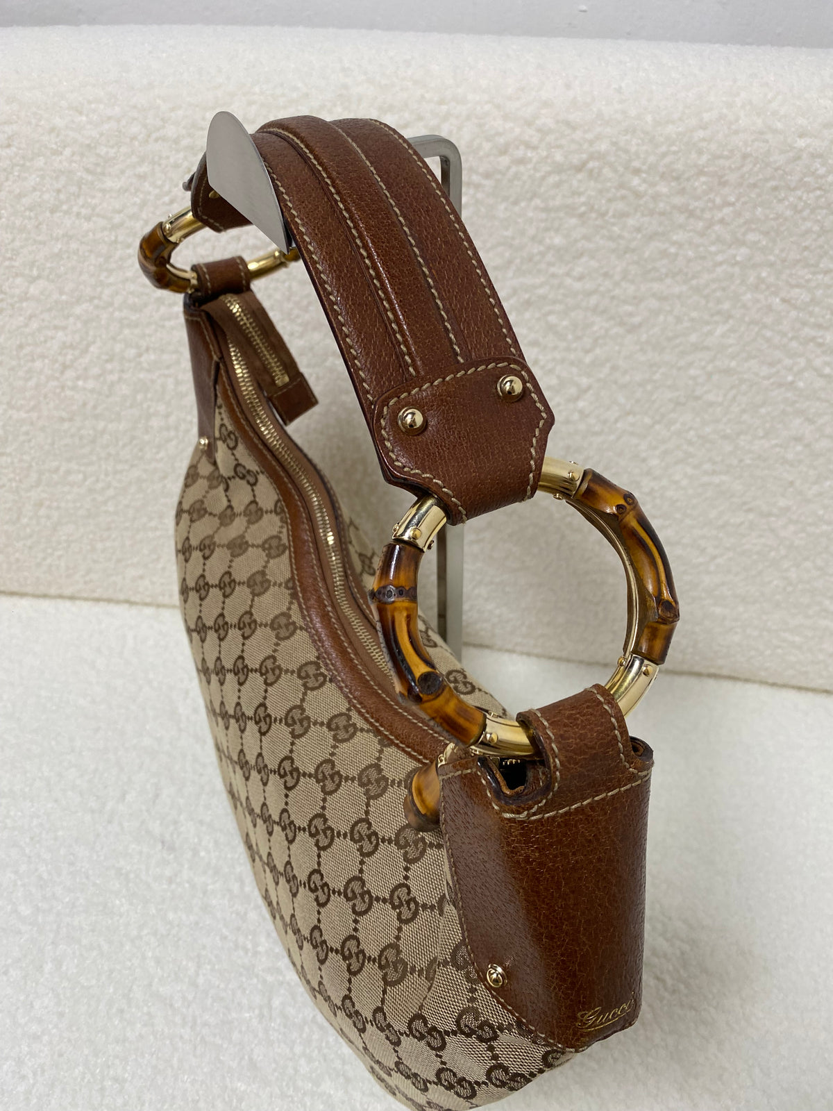 Gucci GG Canvas and Leather Medium Bamboo Ring Hobo