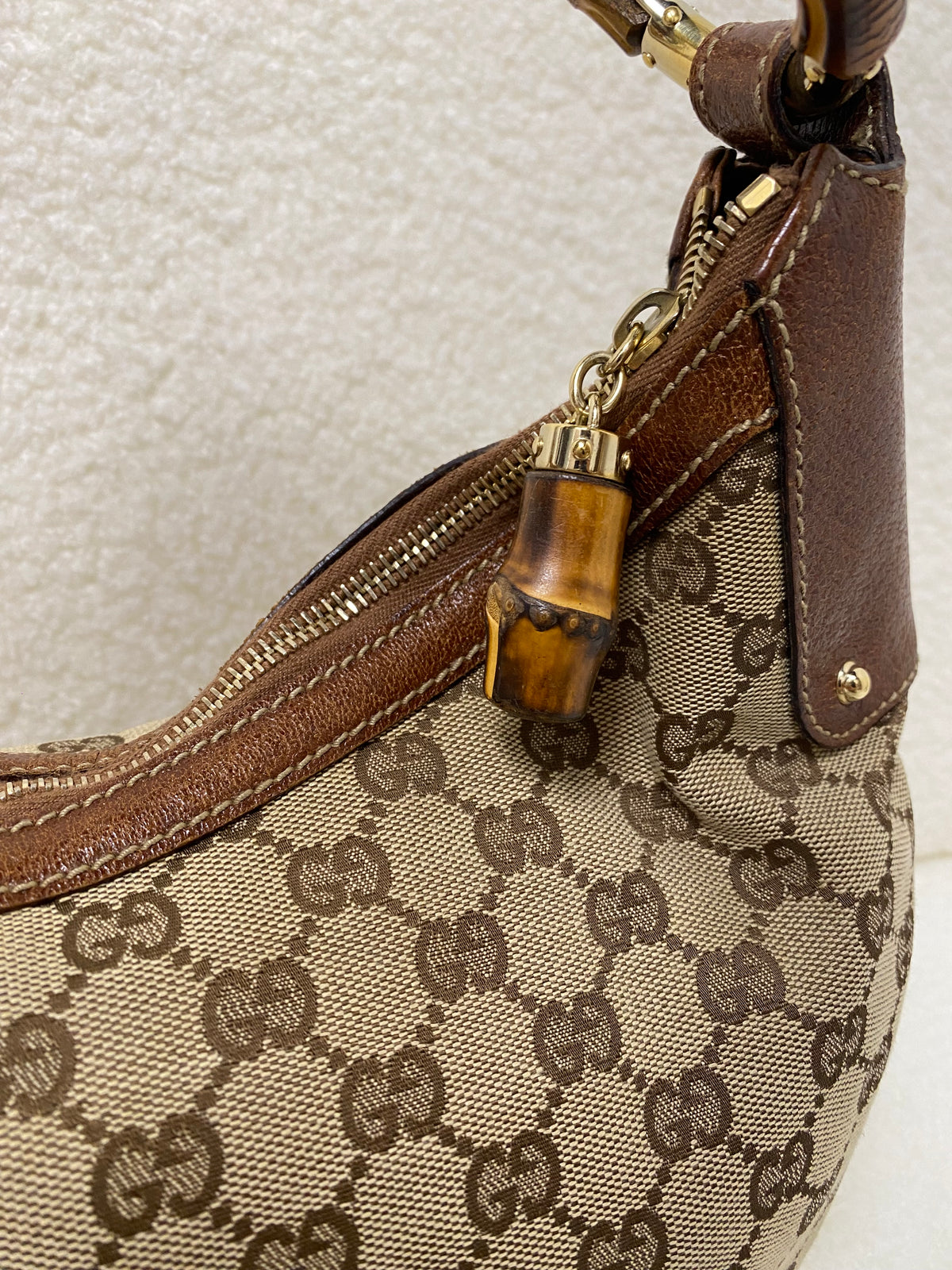 Gucci GG Canvas and Leather Medium Bamboo Ring Hobo