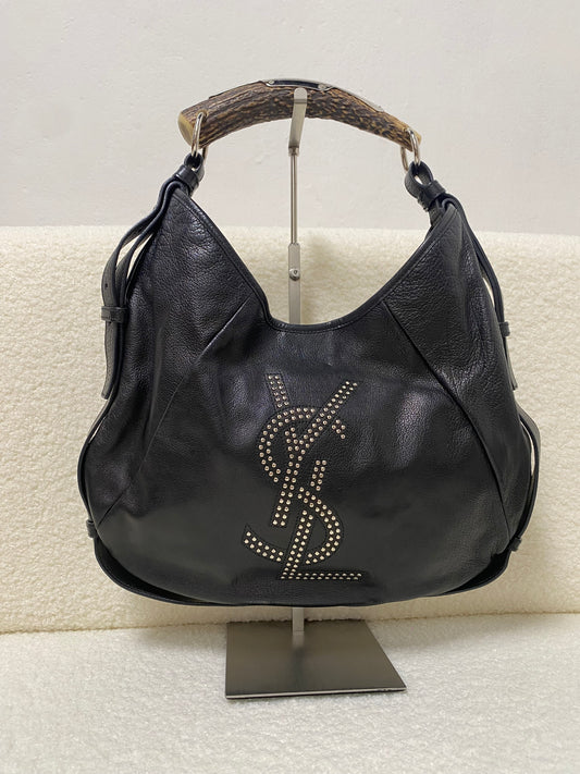 Yves Saint Laurent Calfskin Studded Logo Mombasa Hobo Black