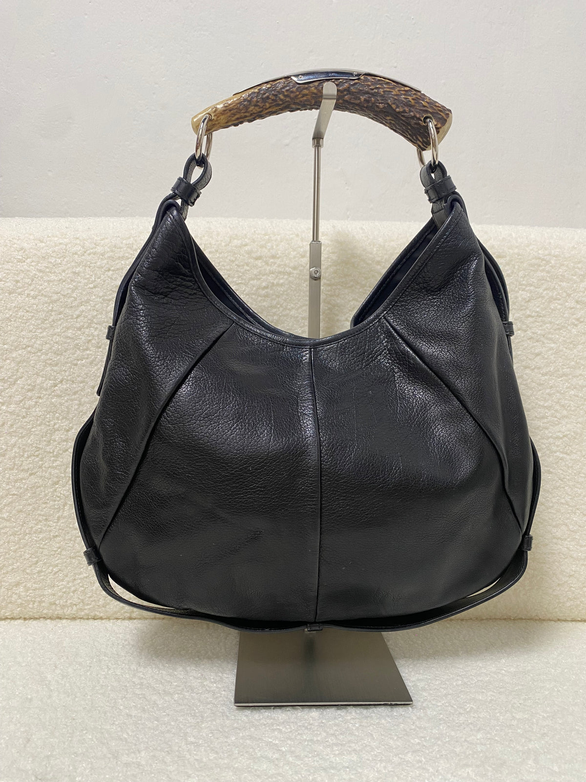 Yves Saint Laurent Calfskin Studded Logo Mombasa Hobo Black
