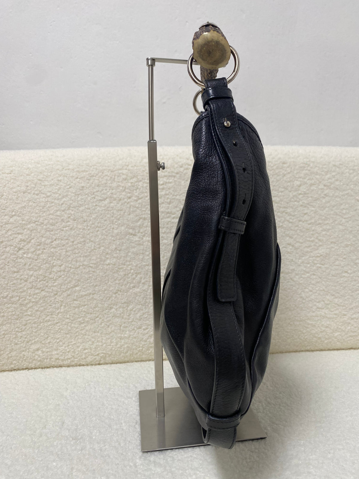 Yves Saint Laurent Calfskin Studded Logo Mombasa Hobo Black