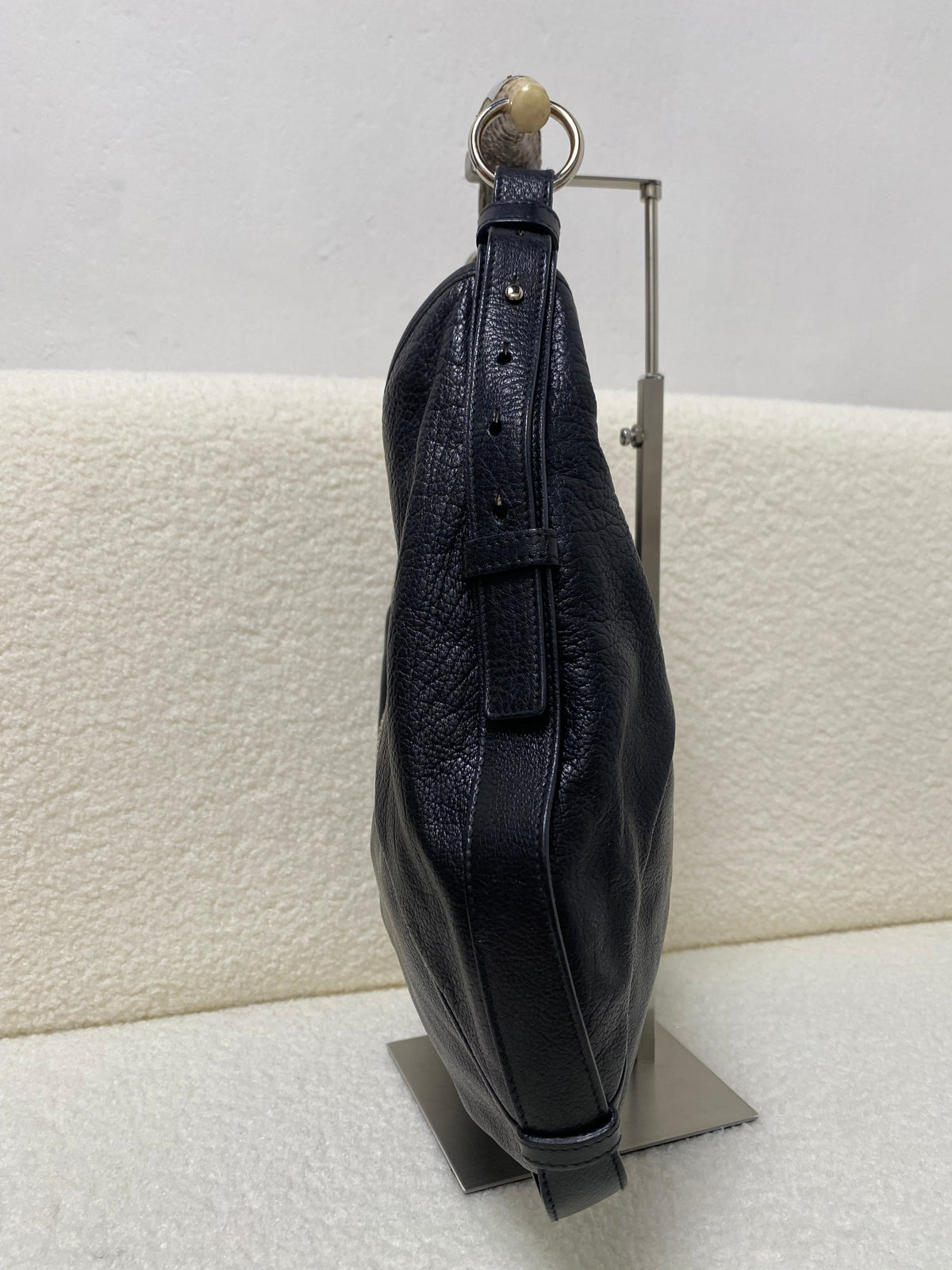 Yves Saint Laurent Calfskin Studded Logo Mombasa Hobo Black
