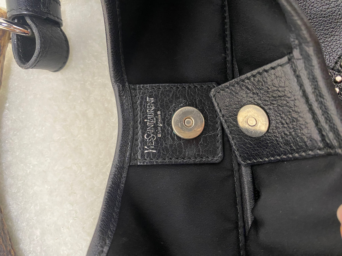Yves Saint Laurent Calfskin Studded Logo Mombasa Hobo Black