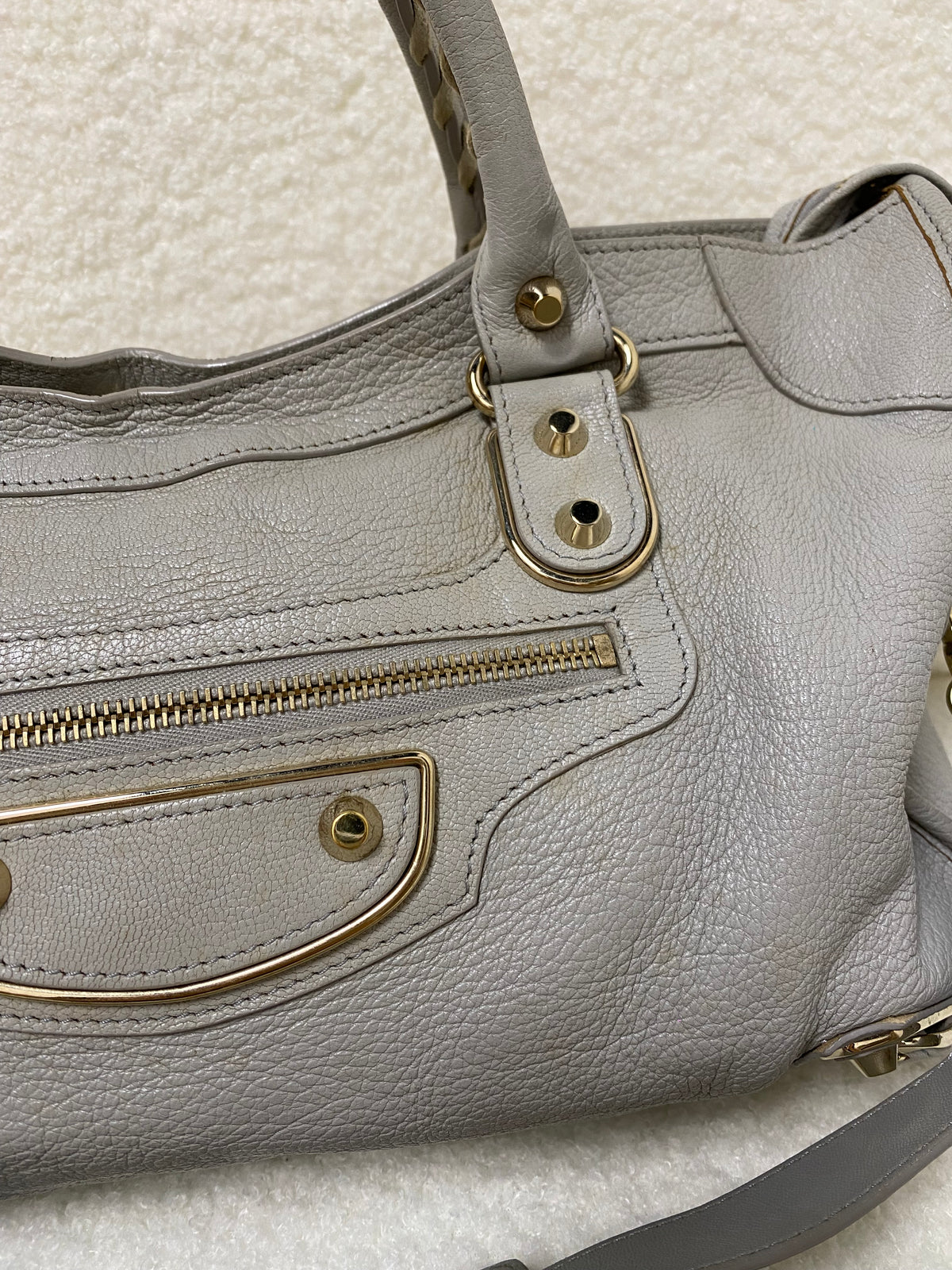 Balenciaga Chevre Gold Metallic Edge Hardware City in Gris Glace