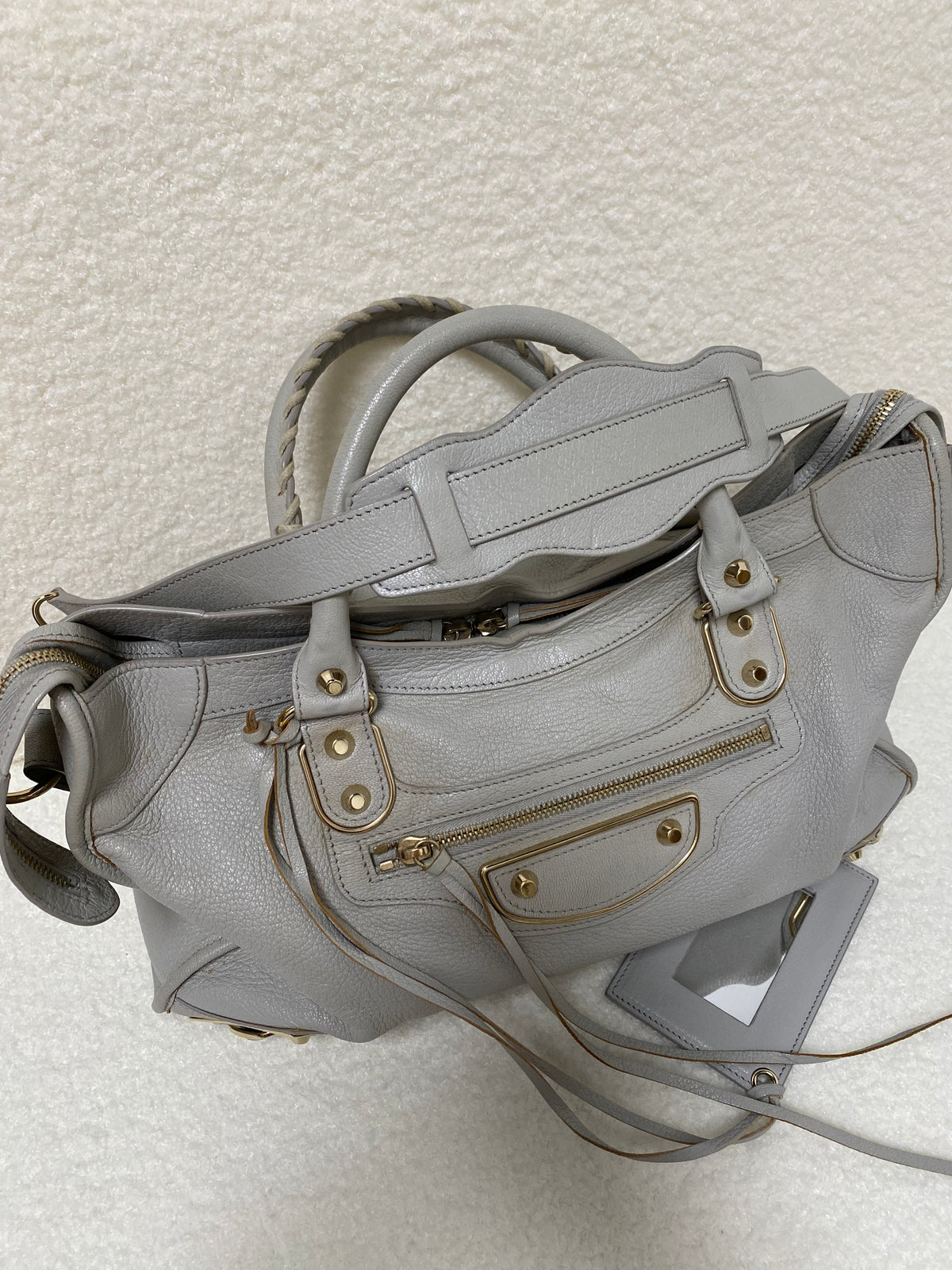 Balenciaga Chevre Gold Metallic Edge Hardware City in Gris Glace