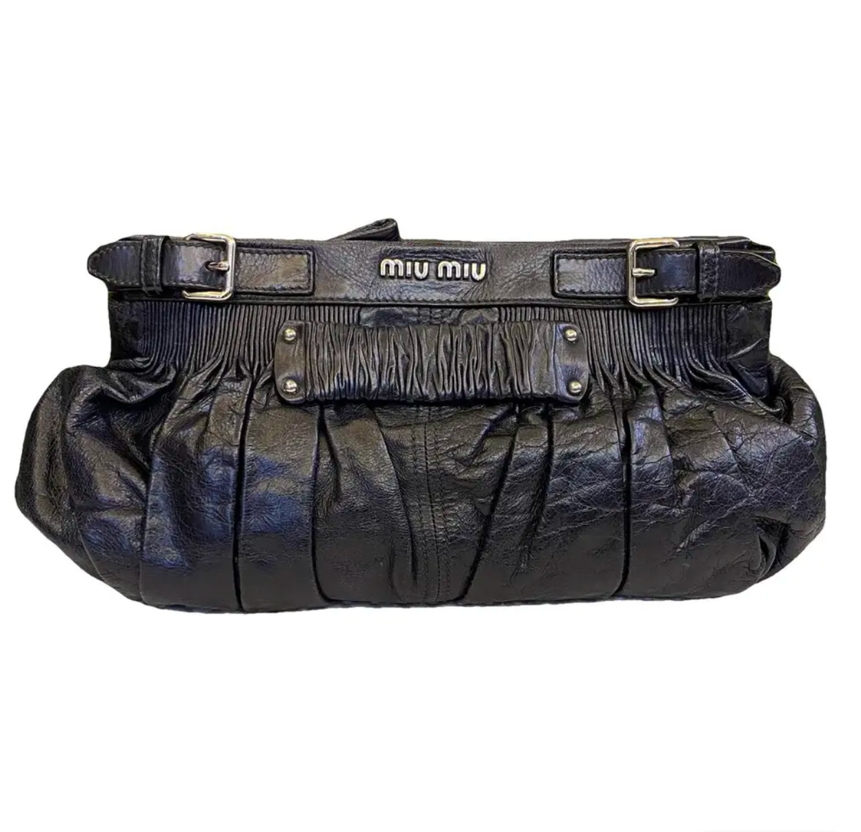 Miu Miu Black Vitello Ruched Clutch Bag